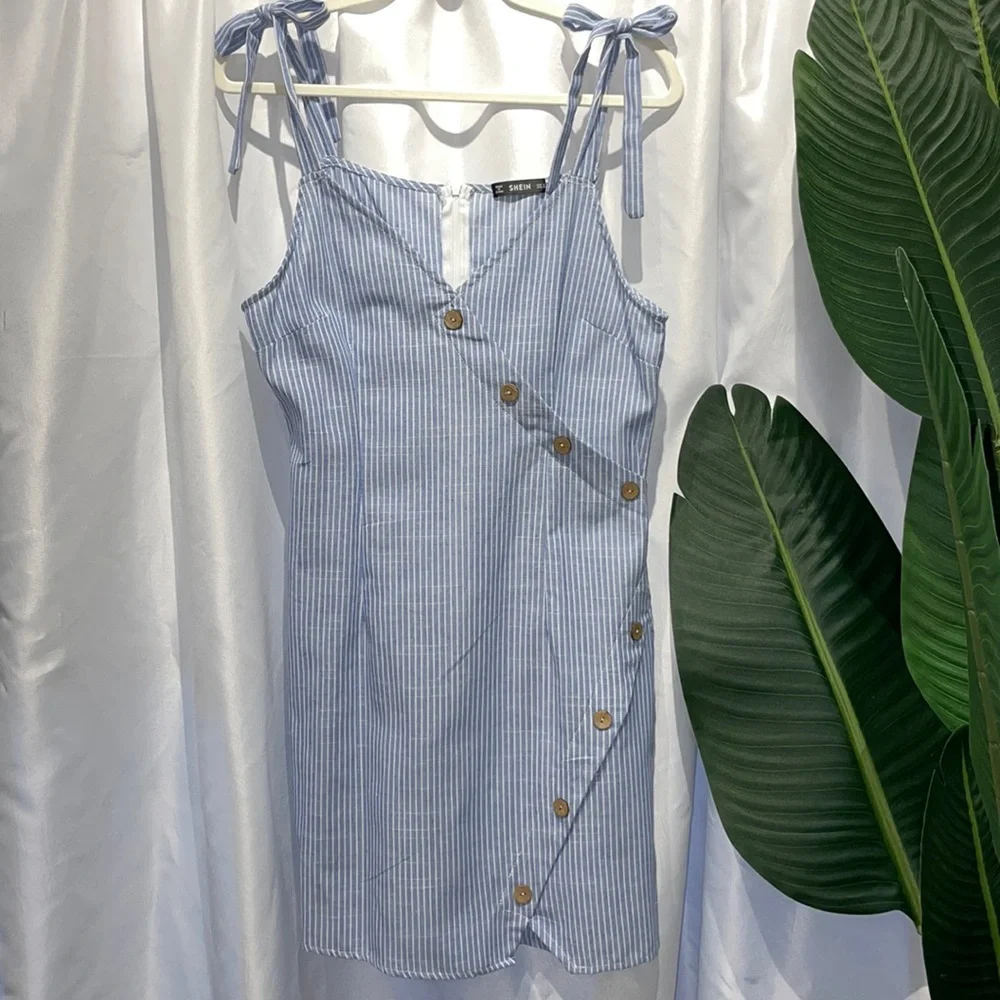 SHEIN Asymmetric Button Knot Strap Striped Cami Dress - Picture 3 of 8